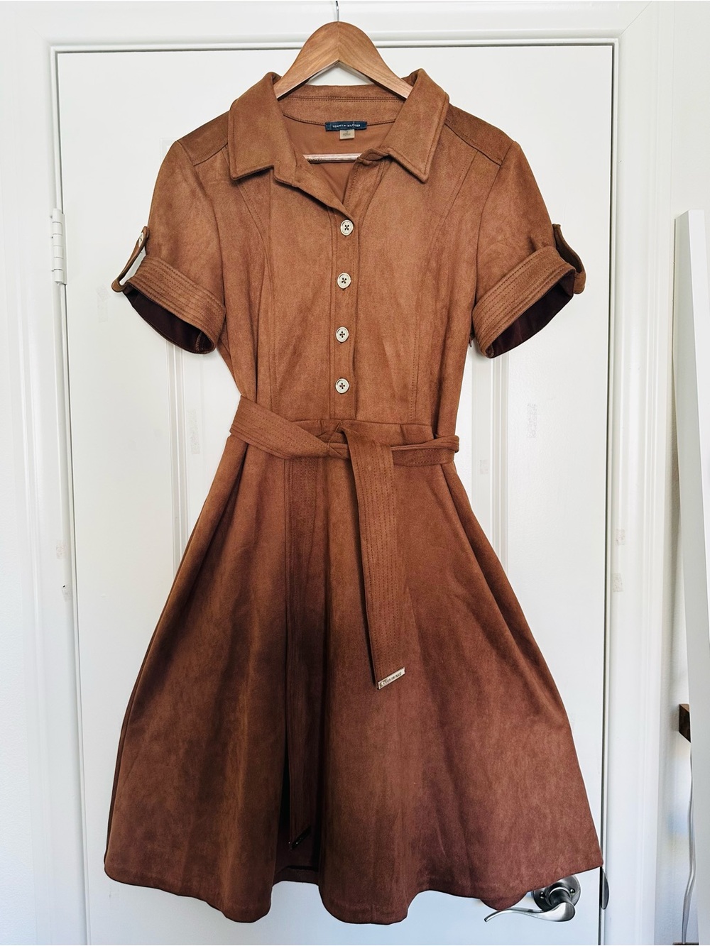 Tommy Hilfiger Brown Faux Suede Belted Midi Shirt Dress Fall Size 12
